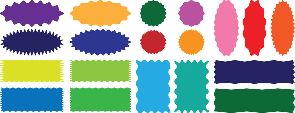Zig zag edge rectangle shape, colorful collection. Different shapes and sizes frame with zigzag edge. Rectangular jagged curved box element. Geometric zig zag wavy labels, isolated on white background