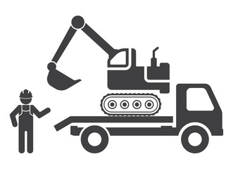 Semi-trailer truck with excavator hauler and worker icon