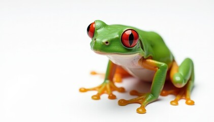 Single red-eyed tree frog on white, striking contrast, background, elegant