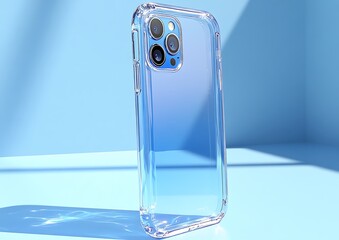 A transparent protective phone case displays on a blue surface