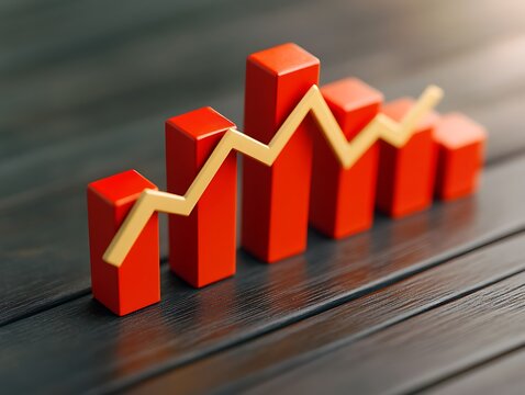 Red rectangular bars indicating data analysis and statistical growth charts