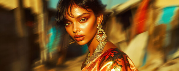 Obraz premium Dutch Angle Fashion with Dynamic Motion Blurs – Orange Saree & Statement Jewelry