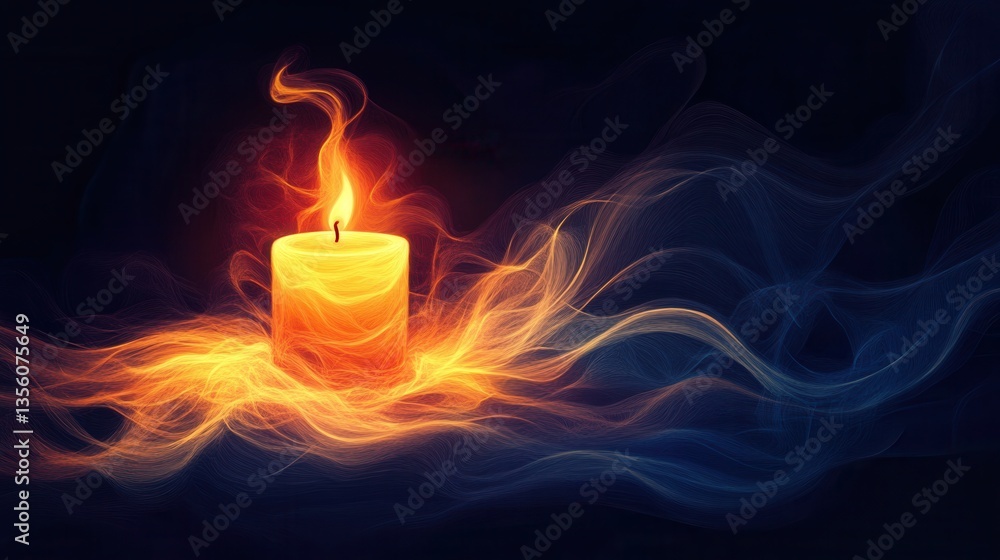 Poster ethereal candle with dynamic flame surrounded by colorful artistic smoke in an enigmatic dark backgr