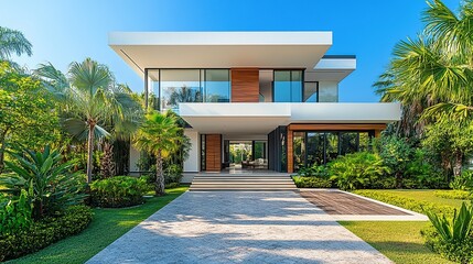 Obraz premium Modern Luxury Home Entrance with Clean Lines, Surrounded by Greenery, Under a Clear Blue Sky, Minimalistic and Serene Design.