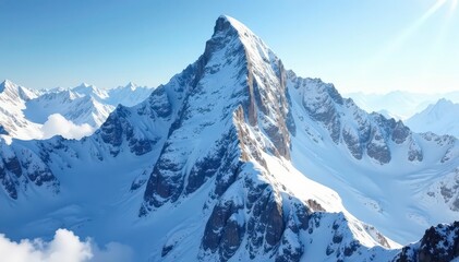 Obraz premium Snow-covered mountain peak, brilliant white light, winter landscape, sunlight