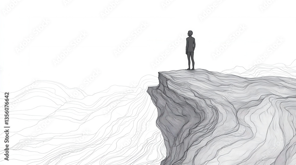 Poster solitary figure standing on the edge of a cliff overlooking abstract waves in a minimalist art style
