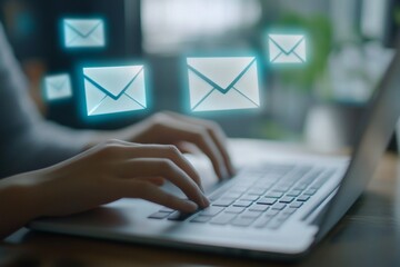 Person using laptop, email icons float above keyboard.