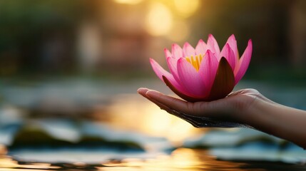 Delicate pink lotus flower held above water.