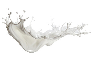 A side view of a splash of milk captured in mid-air, with the liquid forming an intricate pattern against a clean white backdrop