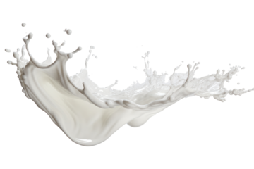 A side view of a splash of milk captured in mid-air, with the liquid forming an intricate pattern against a clean white backdrop