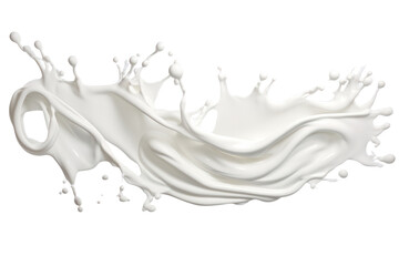 A side view of a splash of milk captured in mid-air, with the liquid forming an intricate pattern against a clean white backdrop