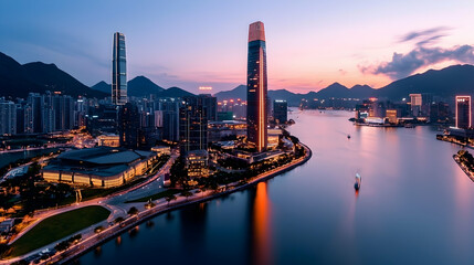Fototapeta premium City Skyline at Sunset with River Reflections
