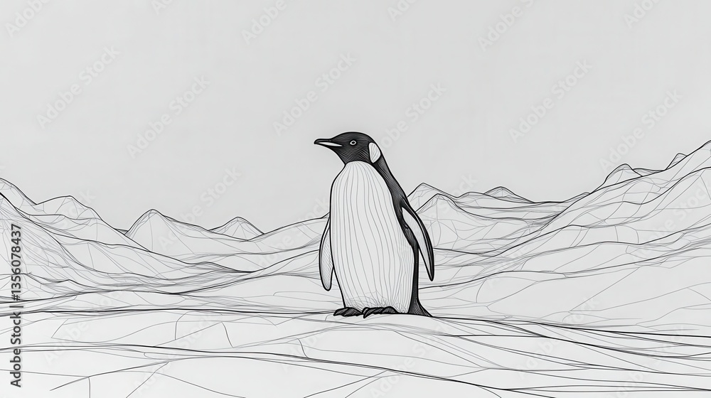 Poster minimalist line art penguin standing on abstract landscape with geometric mountains and soft color p