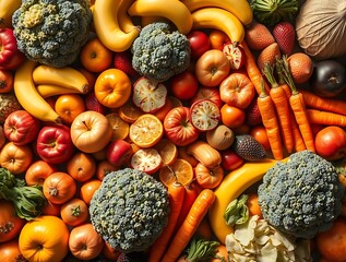 Abundant Assortment of Fresh Fruits and Vegetables, Overhead View