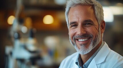 Smiling veterinarian in white coat, radiating warmth and professionalism, embodying compassionate care for animals.