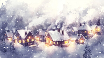 Fototapeta premium Watercolor depiction of a snow covered village with cozy illuminated windows and chimneys