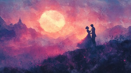 Fototapeta premium A delicate watercolor of a couple dancing under the moon, with pastel splashes of pink and purple blending softly into the sky, creating a romantic Valentine's Day feeling.