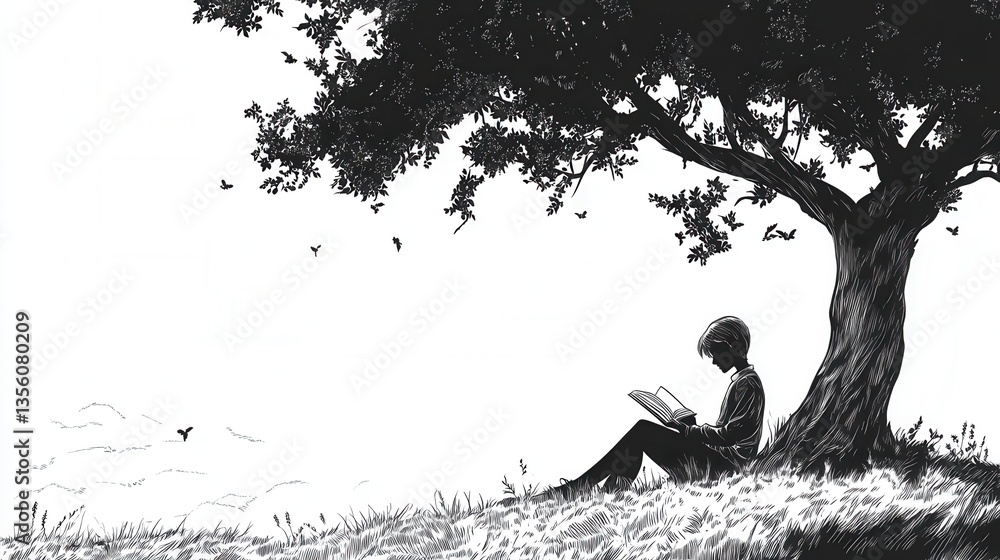Poster serene reading under a large tree with birds in a minimalist black and white style perfect for relax