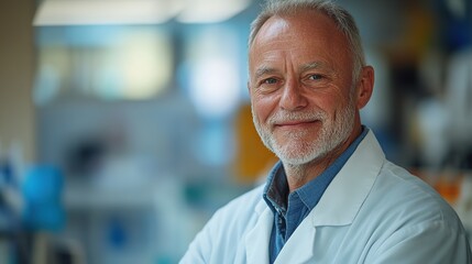 Smiling veterinarian in white coat, radiating warmth and professionalism, embodying compassionate care for animals.