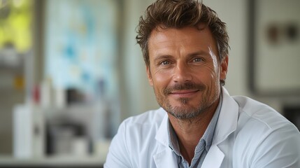 Smiling veterinarian in white coat, radiating warmth and professionalism, embodying compassionate care for animals.