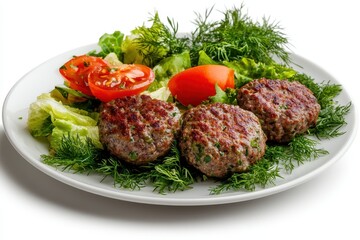Freshly Cooked Beef Patties with Garnish of Herbs and Vegetables on a White Plate