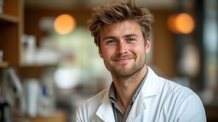 Obraz premium Smiling veterinarian in white coat, radiating warmth and professionalism, embodying compassionate care for animals.
