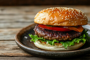 burger on a plate. wooden background