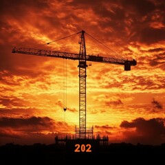 Crane and building under sunset