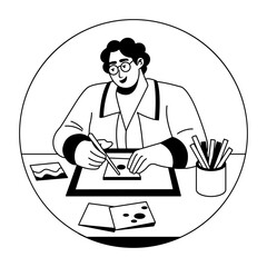 A glyph illustration of a character crafting cards with hands 