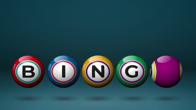 Colorful bingo rotating balls spelling out bingo on a blue background