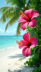 Pink hibiscus blooms, lush palms, white sand beach, nature, beauty, paradise