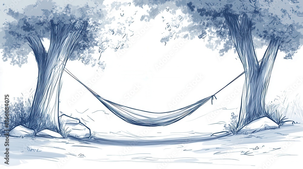 Poster peaceful hammock scene between two trees in a serene natural setting with lush greenery and soft sun