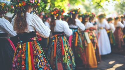 Festive procession showcases flower wreaths and vibrant skirts during summer solstice