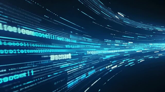 This abstract background image showcases the digital data stream with binary code, representing the concept of technology, information flow, connectivity, data processing, and innovation.  4k looping 