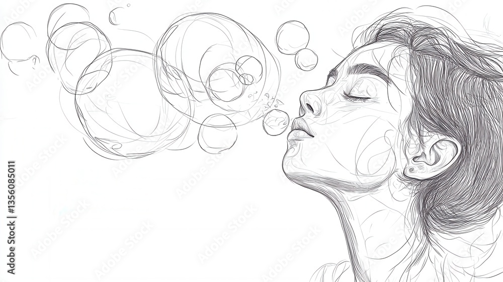 Aufkleber delicate line art of a profile girl blowing bubbles with soft expressions and simplistic outlines, c