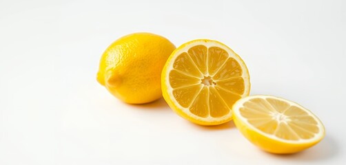 Fresh Yellow Lemons Whole and Cut on White Background Still Life