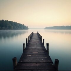 Misty morning, aged pier extending into calm water, blue, fog, lake