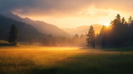 Naklejka premium Sunrise through mist and fog over mountains, a peaceful and serene scene in nature