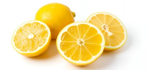 Fresh Yellow Lemons Whole and Halved on White Background for Recipes