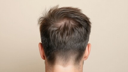 A close-up view of a man's haircut from the back, showcasing the style and texture of the hair.