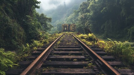 Fototapeta premium Rusty train tracks leading into a dense forest.