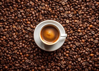 Fototapeta premium A ceramic coffee cup sits on a bed of roasted coffee beans