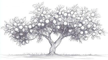 Detailed pencil sketch of an orange tree with abundant fruits showcasing intricate branches and leaves in a minimalist artistic style for nature lovers