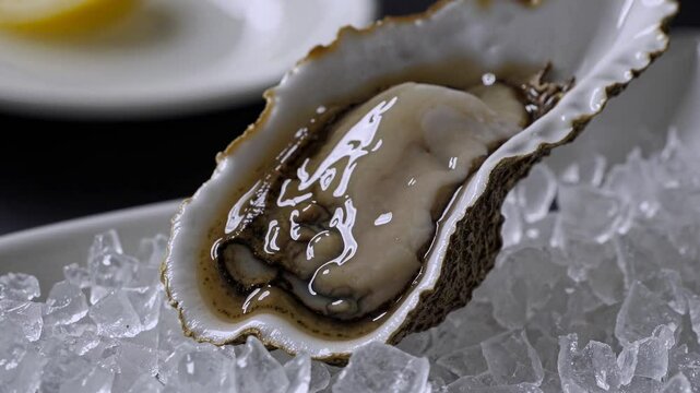 Close-up video of a fresh oyster on ice, shot from a high angle. The focus is on texture and freshness, with a lemon slice in the background.