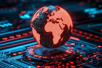 A glowing digital globe rests upon electronic circuitry background