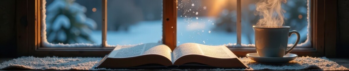 Snowflakes fall on windowpane, steaming mug beside open book , cozy,  fireplace
