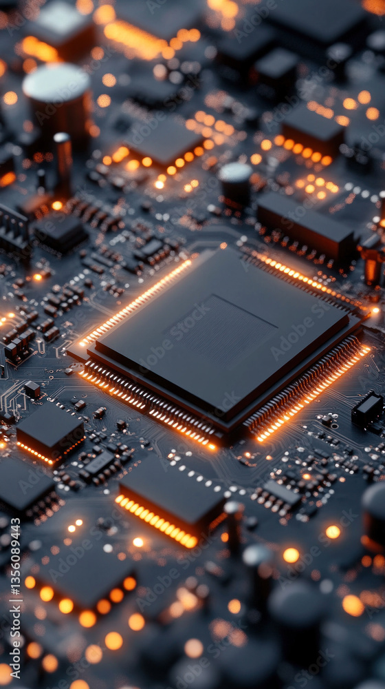 Poster a close up of a computer chip with a lot of orange lights. the chip is very small and is surrounded 