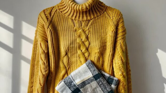 A yellow knitted sweater displayed indoors with a cozy scarf, showcasing warm textures and soft lighting for a fashion-focused aesthetic.