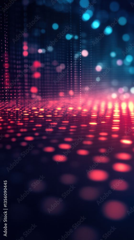 Poster a blurry image of a cityscape with a lot of dots. the dots are red and blue and are scattered all ov