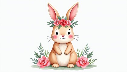 Obraz premium Cute Watercolor Bunny with Pink Floral Wreath and Roses Illustration